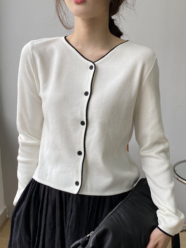 Chic Simple 4 Colors Buttoned V-Neck Long Sleeves Knitted Cardigan