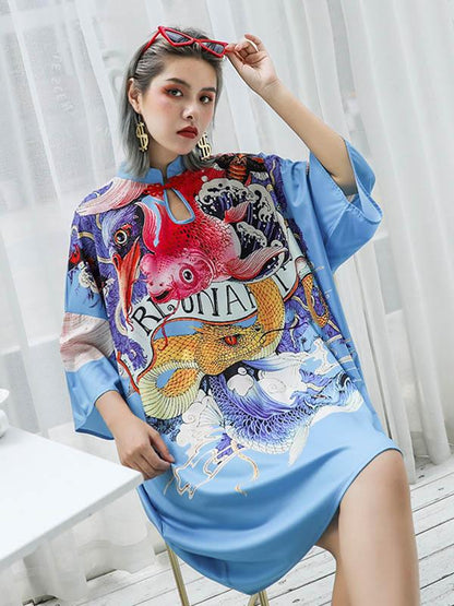 Vintage Loose Droplet-like Collar Printed Mini Dress
