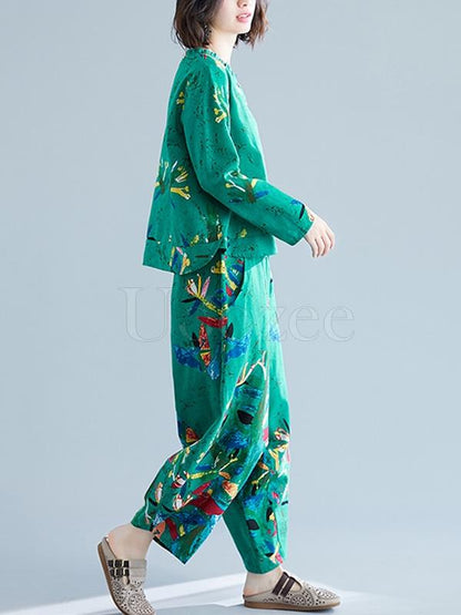 Casual Floral Printed Blouses&Pants Suits