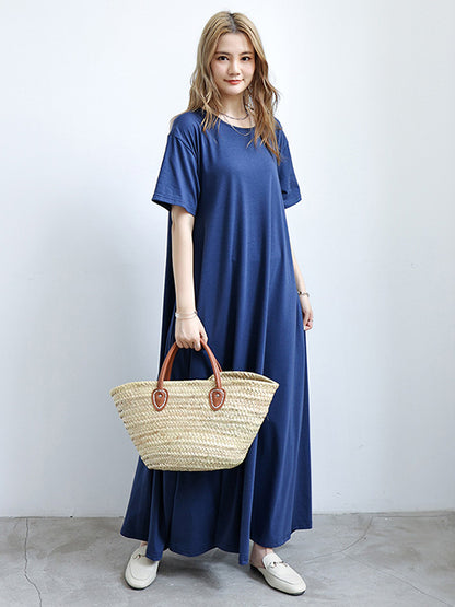 Simple Solid Color Oversized A-Line Round-Neck Short Sleeves Maxi Dress