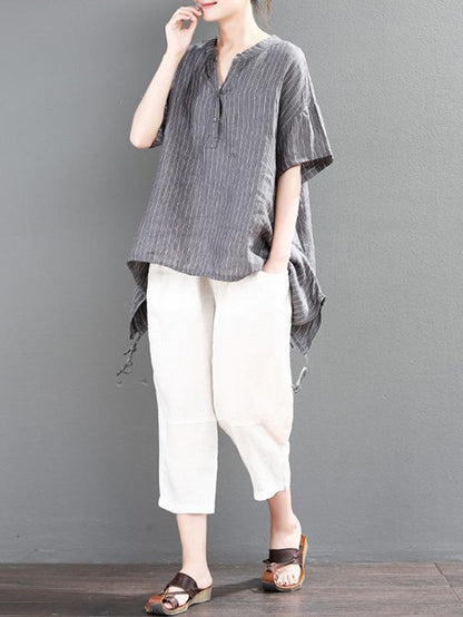 Loose Striped T-shirt + Solid Casual Pants Suits