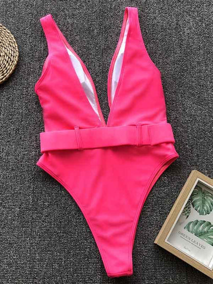 Belt Buckle Plain One Piece Swimsuit