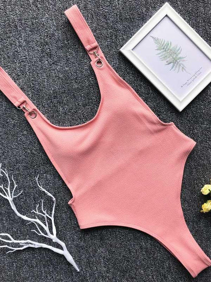 Ribbed Plain Wide Strap One-piece Swimsuit