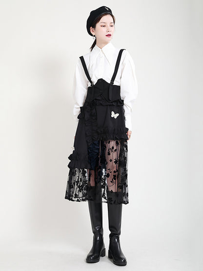 Stylish Mesh Hollow Embroidered Elasticity Split-Joint Strap Skirt