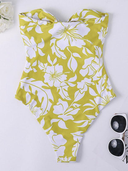 Strapless Bowknot Floral Printed One-Piece Swimwear