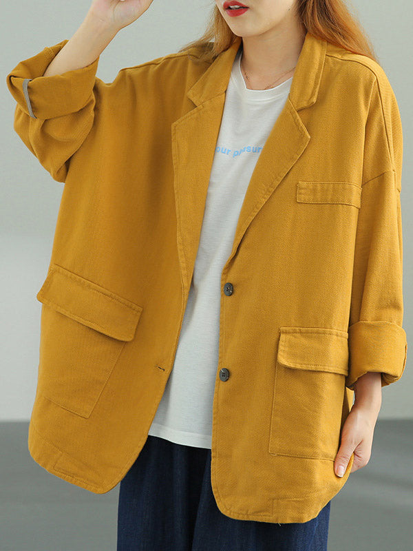 Simple Solid Color Buttoned Notched Collar Batwing Sleeve Outerwear