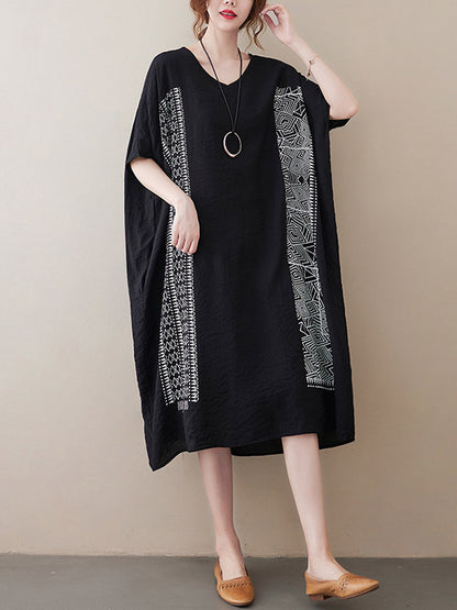 National Printed Batwing Sleeves Round-Neck Loose Midi Dress