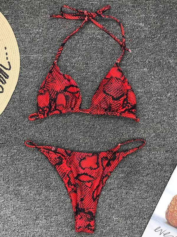 Snakeskin Print Top With High Cut Bikini Set
