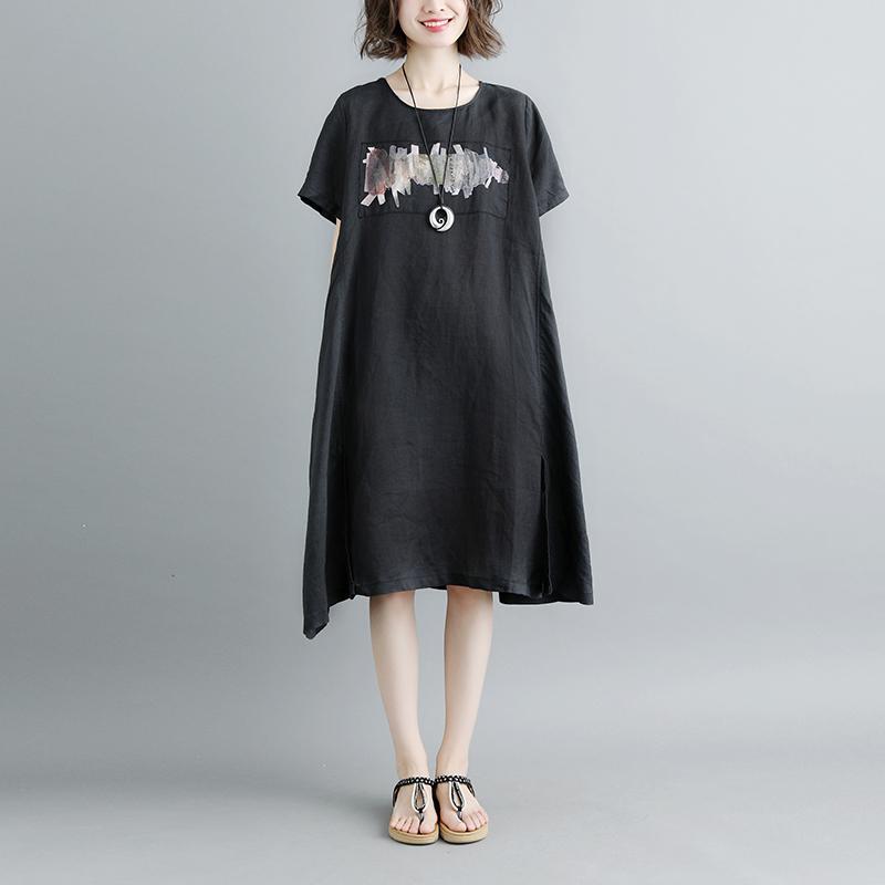 Casual Summer Short Sleeve Black Pockets Slit Dress