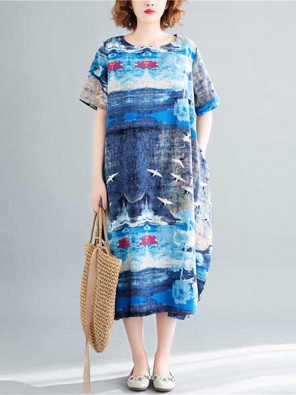 Ramie Cotton Plus Size Printing Style Midi Dresses