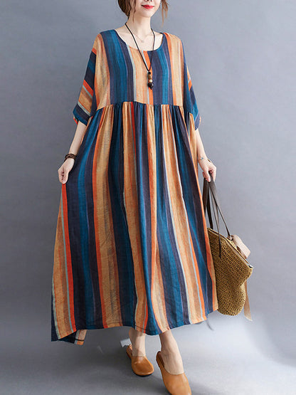 Colorful Stripe Split-Joint Round-Neck Long Dress