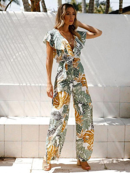 Printed Leaf Pattern Falbala Bohemia Jumpsuits