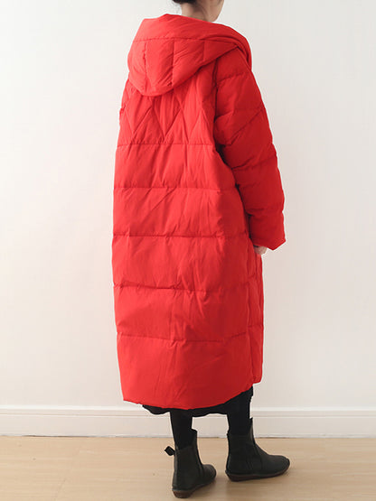 Simple White Duck Down Over Knee Solid Color Zipper Hooded Down Wear Coat