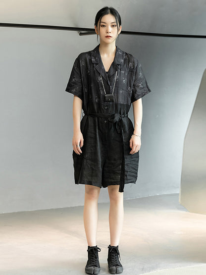 Urban Black Linen Printed Notched Collar Rompers