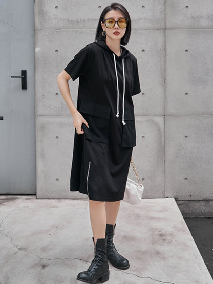 Original Black Zipper Split-Side Hooded H-Line Short Sleeves Midi Dress