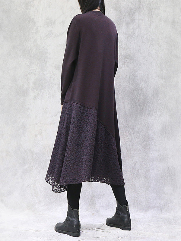Artistic Retro Solid Color Split-Joint Embroidered Hollow Lace Stand Collar Long Sleeves Knitted Sweater Dress