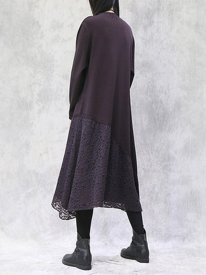Artistic Retro Solid Color Split-Joint Embroidered Hollow Lace Stand Collar Long Sleeves Knitted Sweater Dress