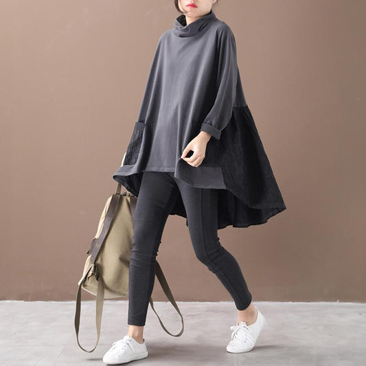 Buykud Casual Pleated Patchwork Irregular Hem Loose Dress