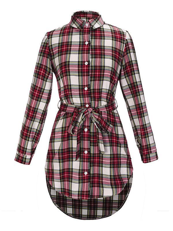 Polo Collar Checkered Belt Buckle Midi Shirt