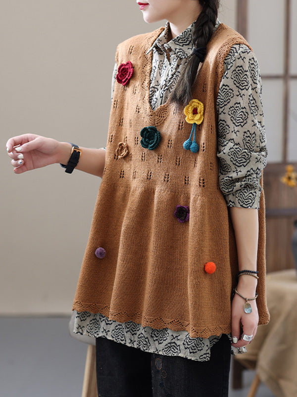Vintage Knitting Sleeveless Applique V-Neck Vest Top