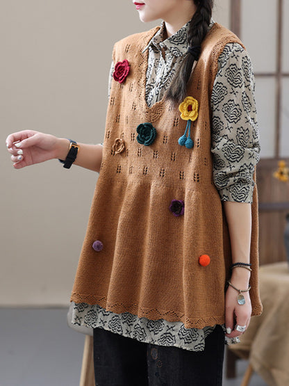 Vintage Knitting Sleeveless Applique V-Neck Vest Top