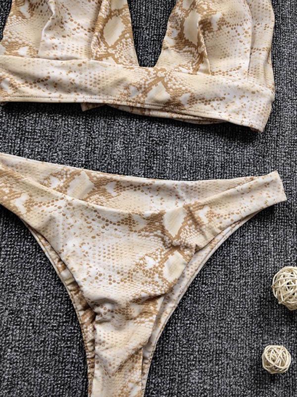 Snake-Print Bandage Split Bikini Swimsuit