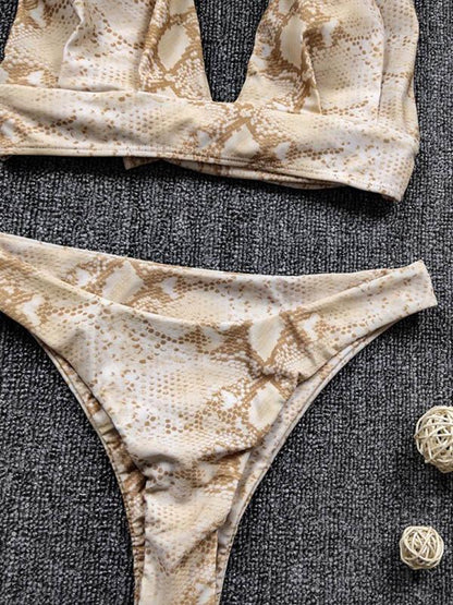Snake-Print Bandage Split Bikini Swimsuit