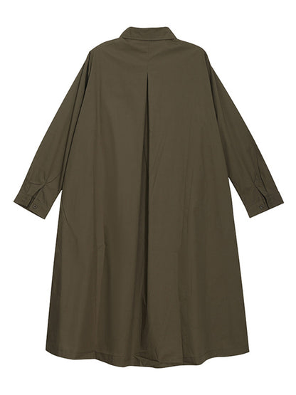 Casual Split-Joint Buttoned Lapel Collar Long Sleeves Midi Shirt Dress