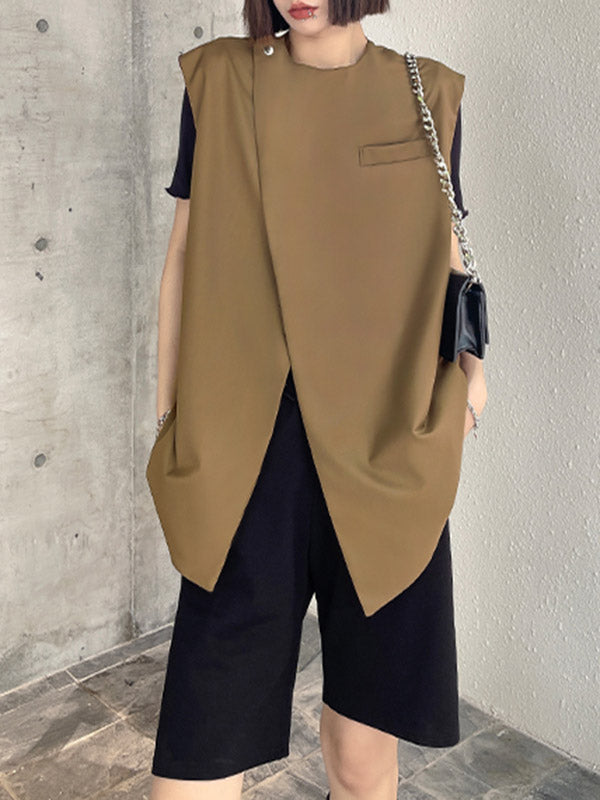 Urban Irregular Solid Color Buttoned Round-Neck Sleeveless Vest Outwear