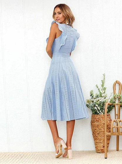 Lace Hollow Fuffled Irregular Midi Dress
