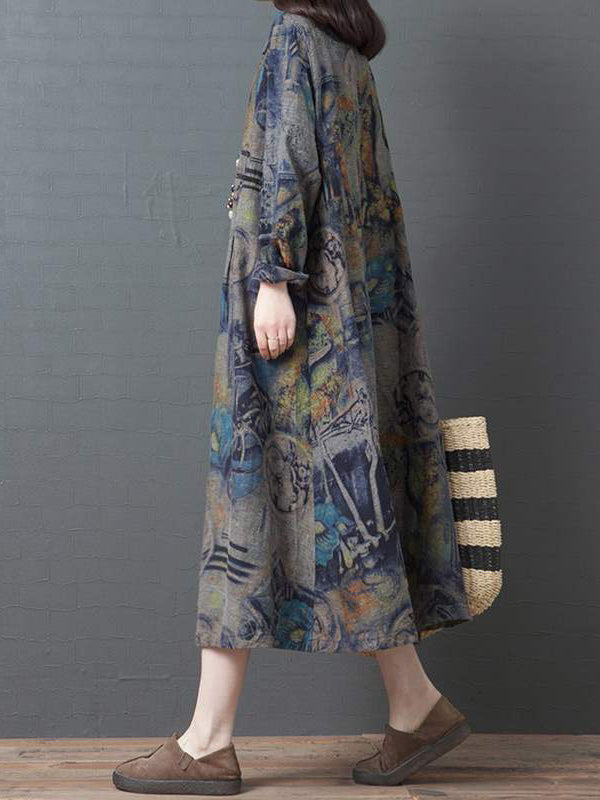 Vintage Buttoned Printed Ramie Cotton Lapel Long Sleeves Midi Dress