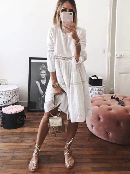 Loose Solid Color Hollow Round-Neck 3/4 Sleeves Midi Dress