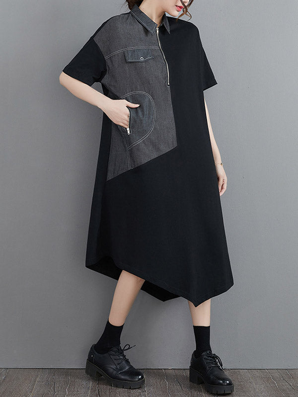 Casual Irregular Split-Joint Half Sleeves Lapel Collar Midi Shirt Dress