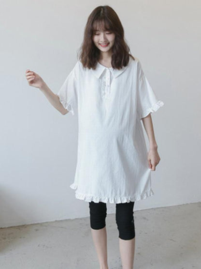 Maternity Solid Ruffled Short Sleeves Lapel Midi Dress