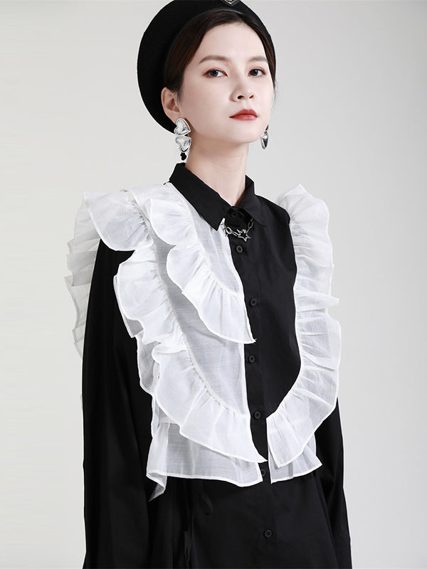 Stylish Irregular Contrast Color Split-Joint Falbala Mesh Drawstring Buttoned Lapel Collar Long Sleeves Blouse