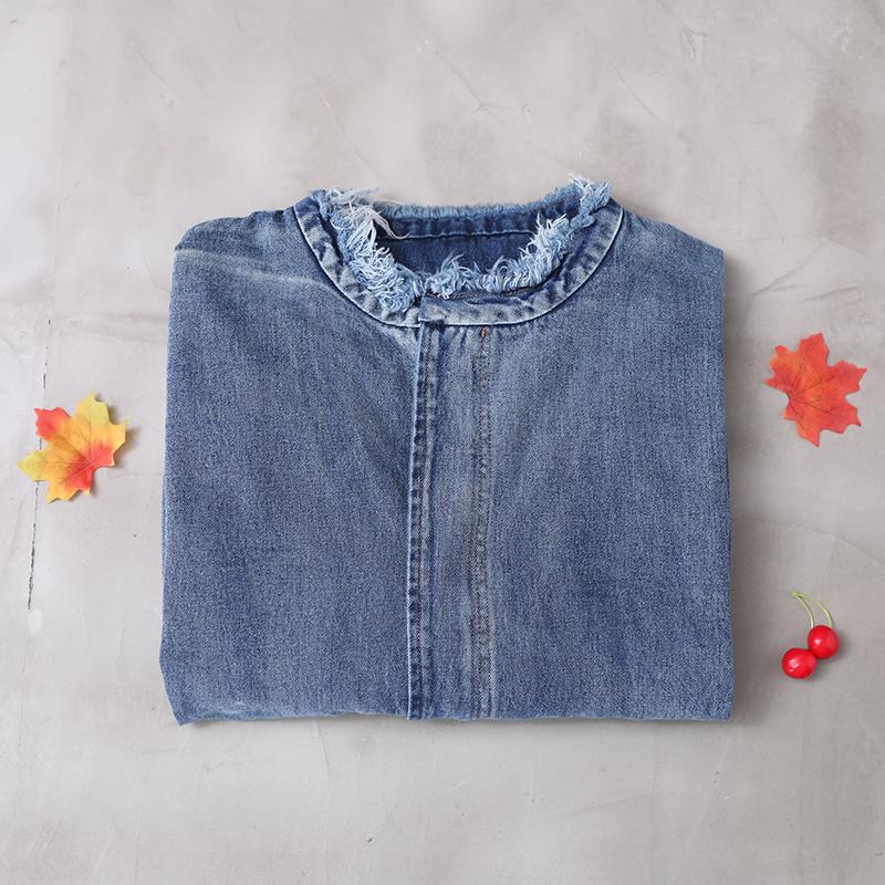 Buykud Spring Autumn Casual Solid Color Zipper Denim Coat