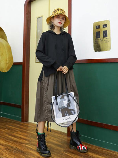 Retro False Two Split-joint Drawstring Sweatshirt Dress