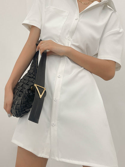 Original Solid Color Short Sleeve Lapel Shirt Dress