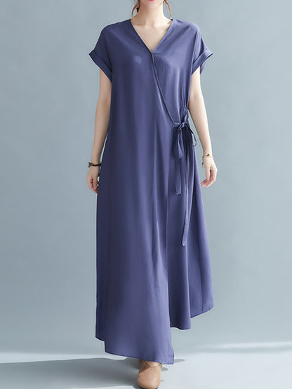 Casual Loose Solid Color Tied V-Neck Short Raglan Sleeves Maxi Dress