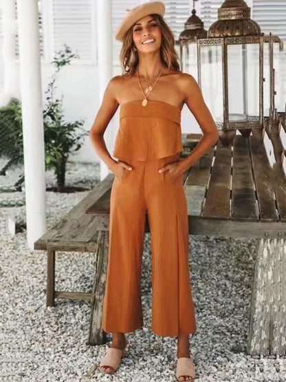 Off Shoulder Solid Falbala Bohemia Jumpsuits