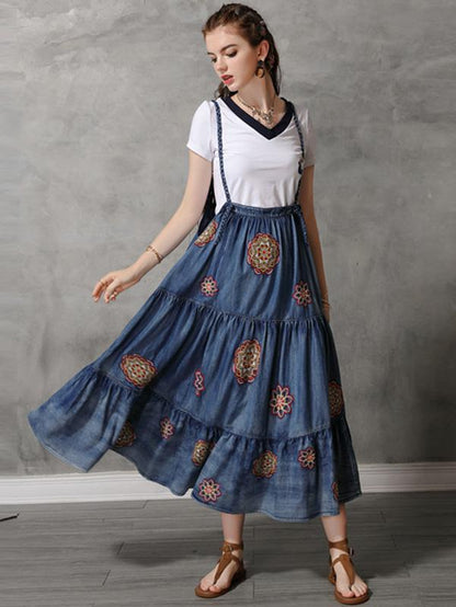Vintage Denim Embroidery Braces Dress