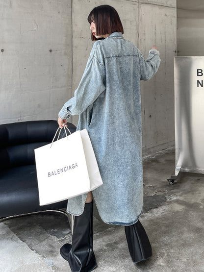 Simple Cool Raw Denim Split-Side Split-Joint With Pocket Buttoned Lapel Collar Long Sleeves Midi Shirt Dress