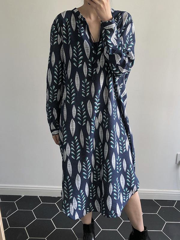 V-neck Leaf Pattern Loose Printed Midi Dresses
