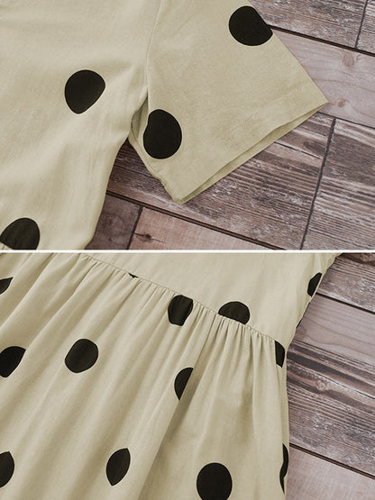 Original Polka-Dot Short Sleeve V-Neck Midi Dress