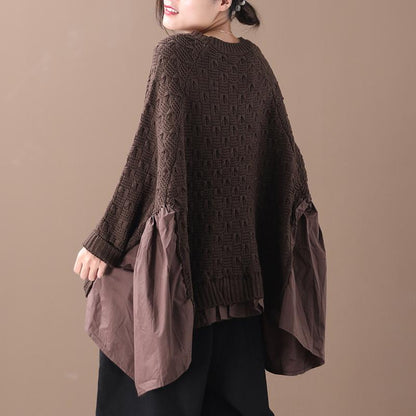 Buykud Loose Batwing Sleeve Pleated Spliced Sweater