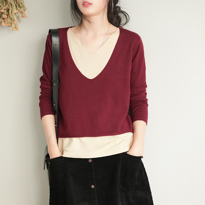 Buykud Solid Color Spliced Fake Two-piece Blouse