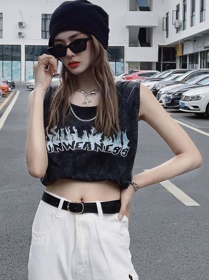 Loose Cool Street Hip-Hop Stylish Letter Printed Round-Neck Sleeveless Vest Top