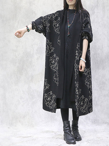 Vintage Loose Irregular Floral Printed Hooded Outwear