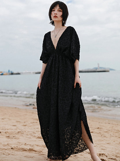 Stylish Solid Color Hollow Embroidered Mesh Backless Split-Side V-Neck Half Sleeves Maxi Dress
