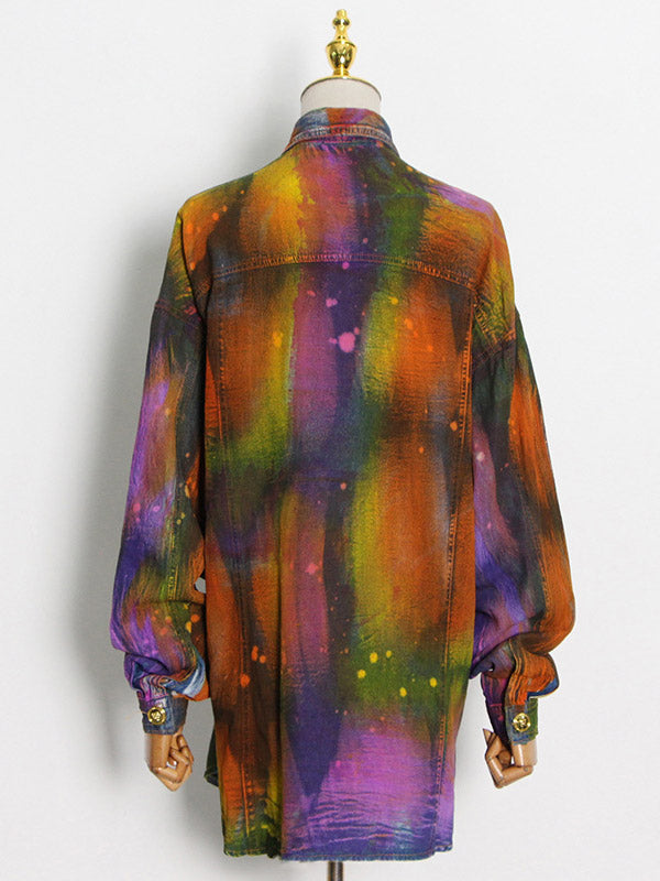 Fashion Denim Tie-Dyed Long Sleeves Buttoned Outerwear